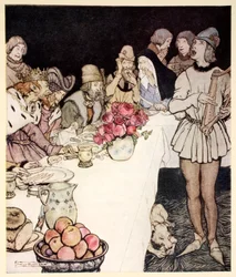 Jak na wielką ucztę, którą urządził król Marek, przyszedł harfiarz Eliot i zaśpiewał pieśń, którą stworzył Dinalan, ilustracja z „Rosomania o królu Arturze i jego rycerzach Okrągłego Stołu” autorstwa Alfreda W. Pol